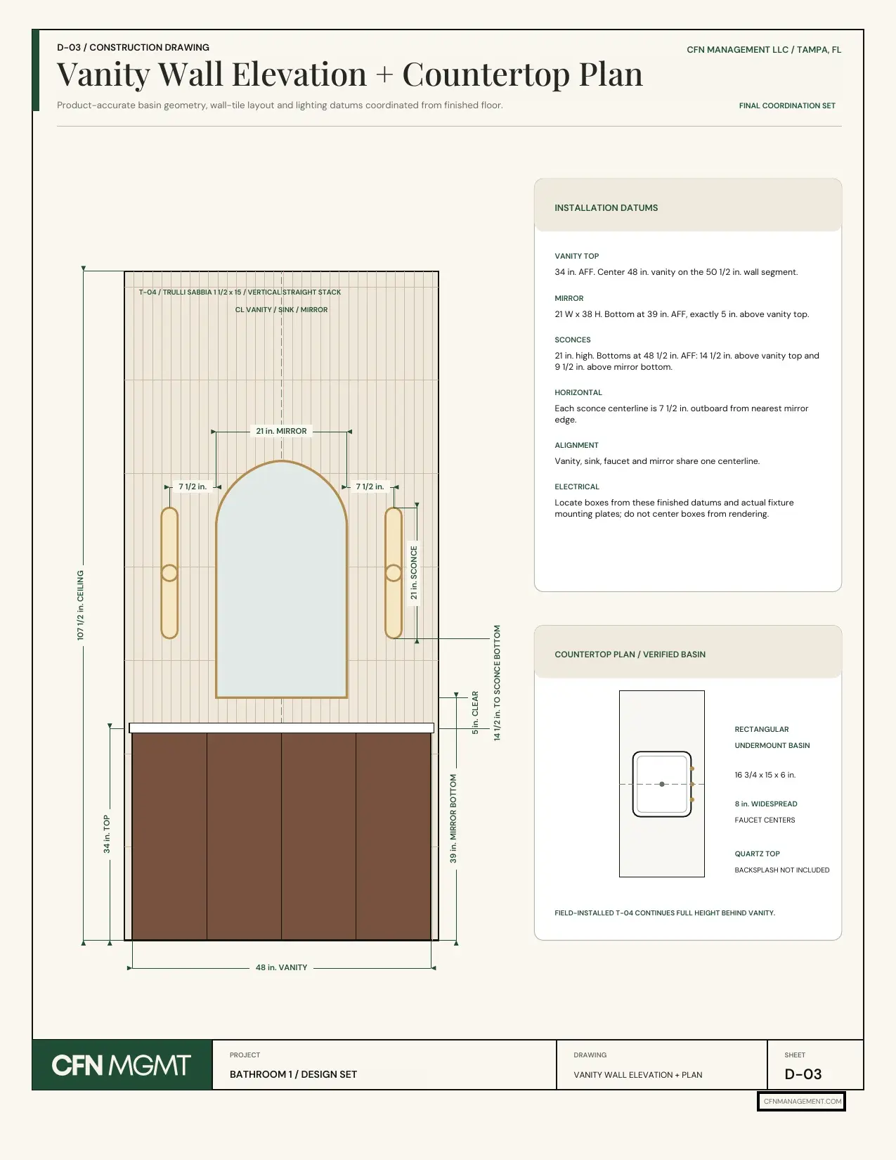 CFN vanity wall elevation and countertop plan with installation heights and construction notes