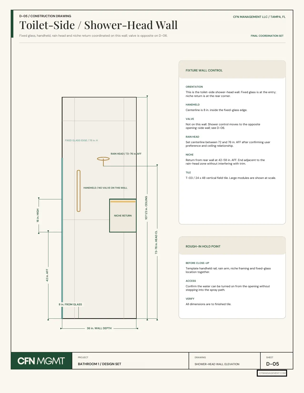 CFN shower wall elevation with fixture heights, dimensions, and construction notes